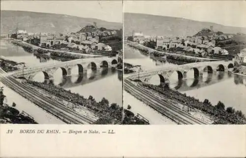 Stereo Ak Bingen am Rhein, Teilansicht, Nahe, Brücke