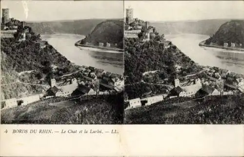 Stereo Ak St. Goarshausen am Rhein, Burg Katz, Loreley