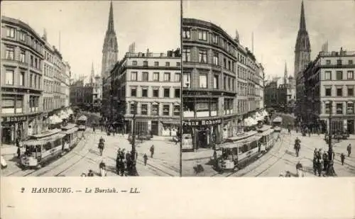 Stereo Ak Hamburg Mitte Altstadt, Burstah, Straßenbahnen, Geschäft Franz Schurle, Kirche