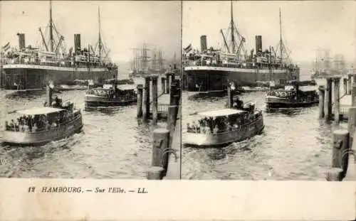 Stereo Ak Hamburg, Hafen, auf der Elbe, Schiffe