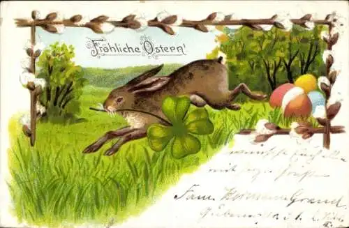 Ak Frohe Ostern, Osterhase mit Kleeblatt, Ostereier, Weidenkätzchen