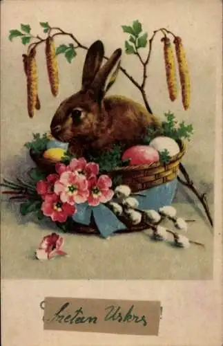 Ak Frohe Ostern, Osterhase sitzt im Osterkorb