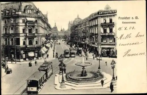 Ak Frankfurt am Main, Kaiserstraße, Brunnen, Straßenbahnen, Antiquitäten