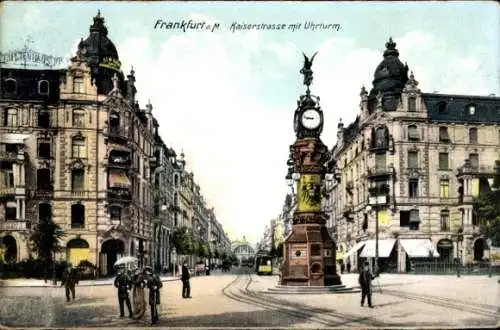 Ak Frankfurt Main, Kaiserstraße mit Uhrturm und Geschäften