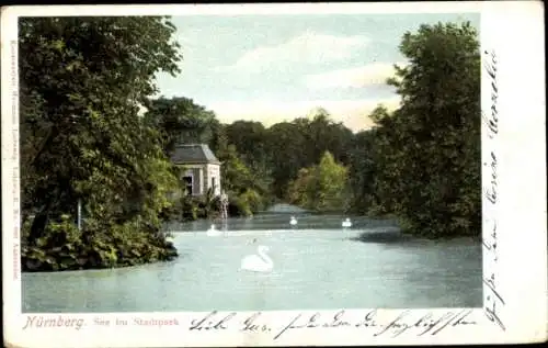 Ak Nürnberg in Mittelfranken, Stadtpark, See, Schwäne