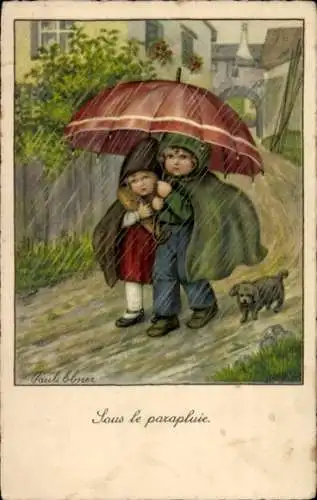 Künstler Ak Ebner, P., Kinder unter einem Regenschirm, Hund, Regnerisches Wetter