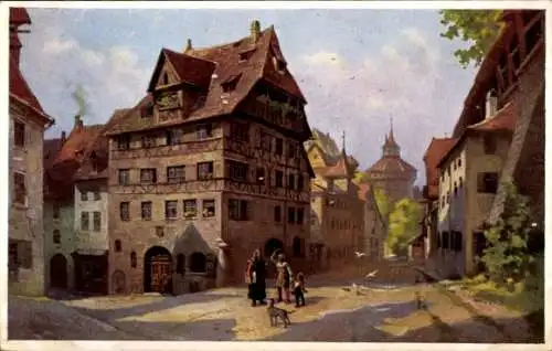 Künstler Ak Frank, J., Nürnberg in Mittelfranken, Hans Sachs vor dem Dürerhaus, Albrecht Dürer