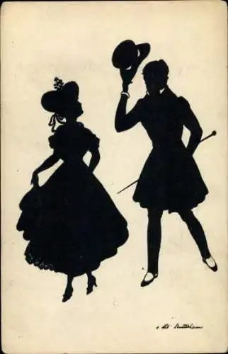 Künstler Ak Herr mit Hut grüßt Frau im Kleid