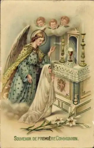 Ak Glückwunsch Kommunion, Betendes Kind, Engel, Altar