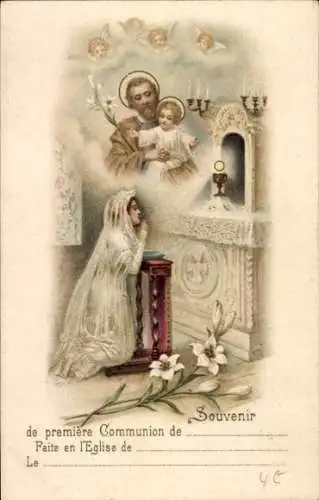 Ak Glückwunsch Kommunion, Betendes Kind, Altar