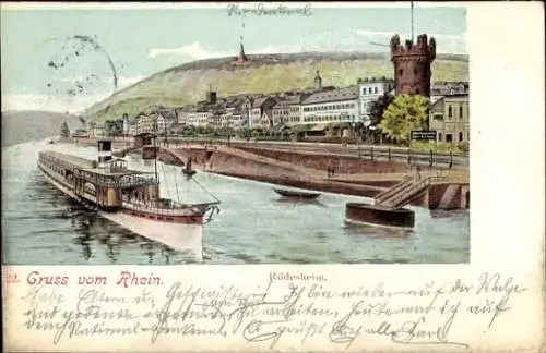 Ak Rüdesheim am Rhein, Teilansicht, Turm, Anleger, Schiff