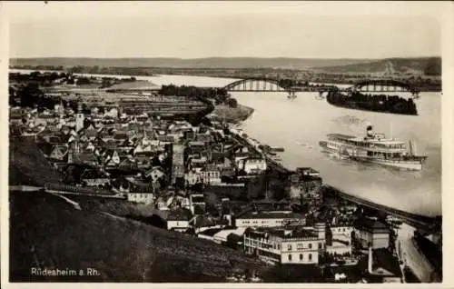 Ak Rüdesheim am Rhein, Totalansicht, Brücke, Dampfer