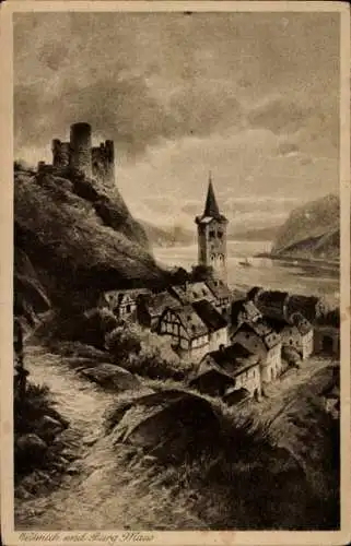 Künstler Ak Wellmich, St. Goarshausen am Rhein, Burg Maus, Gesamtansicht