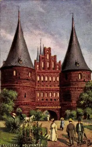 Künstler Ak Lübeck in Schleswig Holstein, Holstentor, Fußgänger, Park, Kutsche, Tuck's No. 175 B.