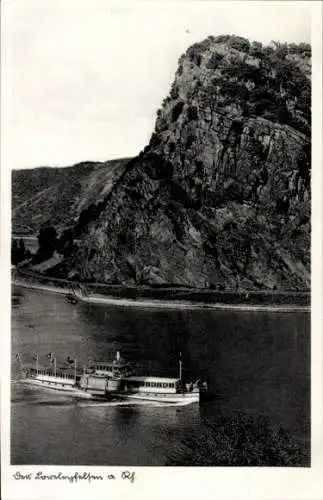 Ak St. Goarshausen am Rhein, Loreley, Loreleyfelsen, Dampfer