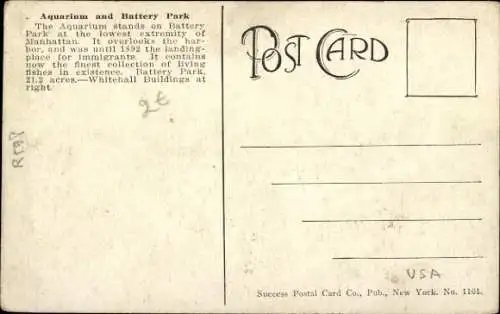 Ak New York City USA, Aquarium, Battery Park