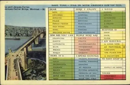 Ak Montreal Québec Kanada, Jacques Cartier Bridge, Fill in with crosses how you feel
