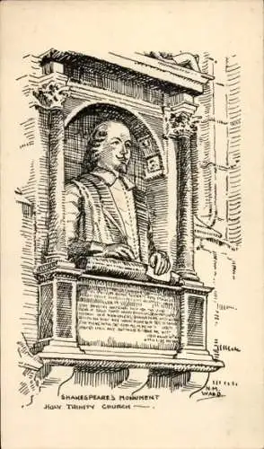 Ak Stratford-upon-Avon, Warwickshire, England, Dreifaltigkeitskirche, Shakespeares Denkmal