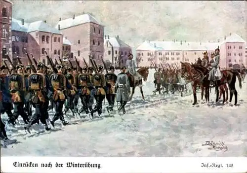 Regiment Künstler Ak Döbrich-Steglitz, Einrücken nach Winterübung, Infanterie Regiment 145