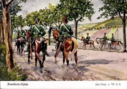 Künstler Ak Döbrich Steglitz, Husaren Regiment 6, Kavallerie Spitze