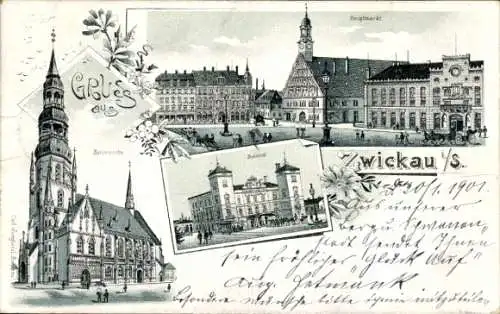 Litho Zwickau in Sachsen, Marienkirche, Bahnhof, Hauptmarkt