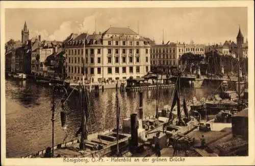 Ak Kaliningrad Königsberg Ostpreußen, Hafenbild an der grünen Brücke