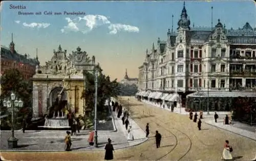 Ak Szczecin Stettin Pommern, Brunnen mit Café zum Paradeplatz