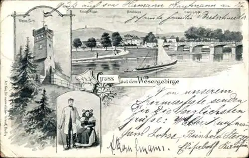 Litho Rinteln an der Weser, Klippenturm, Brücke, Trachten