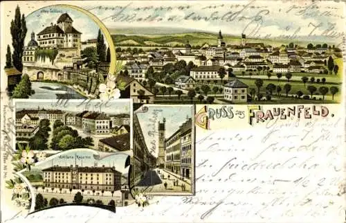 Litho Frauenfeld Kanton Thurgau, Gesamtansicht, Schloss, Artillerie-Kaserne