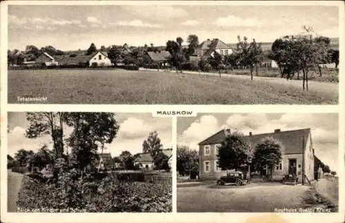 Ak Mauskow Polen, Gesamtansicht, Kirche, Schule, Kaufhaus Gustav Kranz