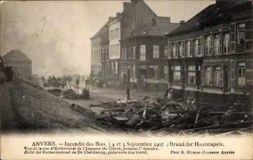 Ak Anvers Antwerpen Flandern, Incendie des Bois 1907, Brand der Houtstapels, Rue d'Eeckeren