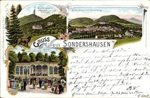 Litho Sondershausen Kyffhäuserkreis, Lohhalle, Bismarckturm, Zimmerberg