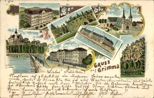 Litho Grimma, Gattersburgen, Bürgerschule, Seminar, Kloster Nimbschen