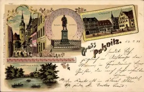 Litho Pulsnitz Sachsen, Am Hauptmarkt, Rietschel Denkmal, Kirche, Schlossteich mit Park