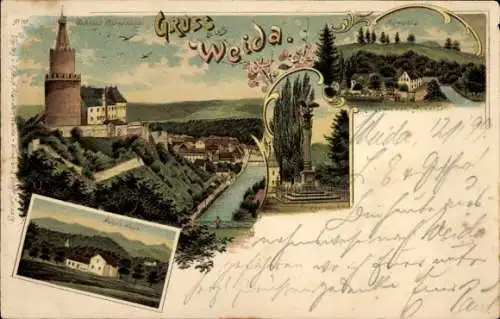 Litho Weida in Thüringen, Panorama, Aumühle, Kriegerdenkmal, Schloss Osterburg, Hohes Haus