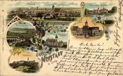 Litho Neustadt an der Orla, Totalansicht, Leuchtenburg, Schloss Hummelsheim, Marktplatz