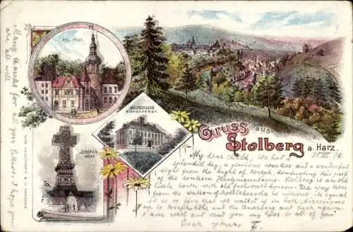 Litho Stolberg im Harz, Panorama, Kaiserliche Post, Jagdschloss Eichenforst, Josephshöhe