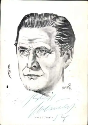Künstler Ak Wassi, Schauspieler Hans Söhnker, Portrait, Autogramm, Karikatur