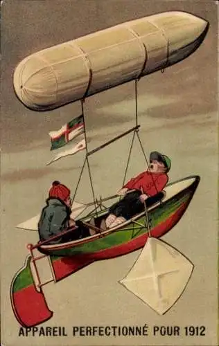 Präge Ak Ruderboot hängt an einem Zeppelin