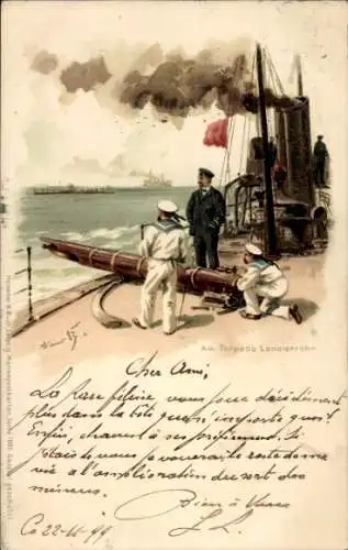 Künstler Litho Bohrdt, Hans, Am Torpedo Lancierrohr, Deutsche Seeleute, Kriegsschiff