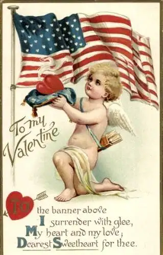 Ak Valentinstag, Engel, Amor, Herz, USA