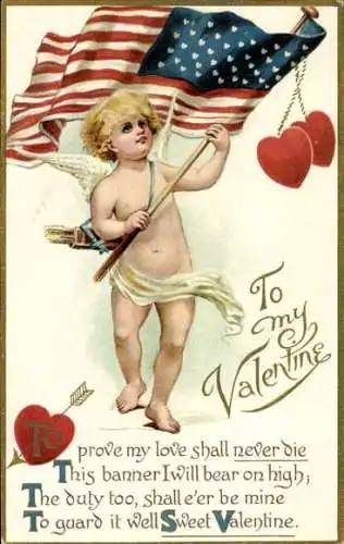 Ak Valentinstag, Amor, Engel mit Flagge, USA