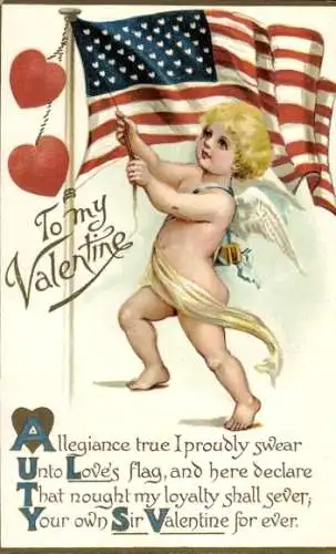 Ak Valentinstag, Amor, Engel mit Flagge, USA