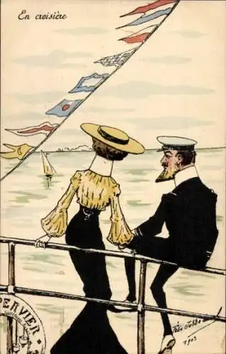 Künstler Ak Jobbé-Duval, En croisiere, Seemann mit Frau auf einem Schiff
