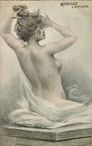 Künstler Ak Modeles d'Artistes, Akt, Frau steht einem Maler Modell