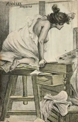 Künstler Ak Modeles d'Artistes, Akt, Frau am Fenster steht einem Maler Modell