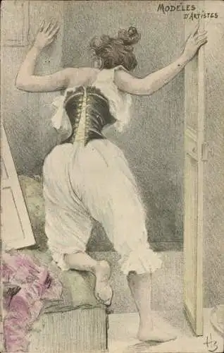 Künstler Ak Modeles d'Artistes, Frau im Korsett steht einem Maler Modell