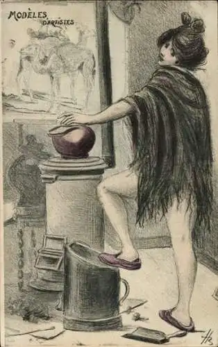 Künstler Ak Modeles d'Artistes, Frau steht einem Maler Modell