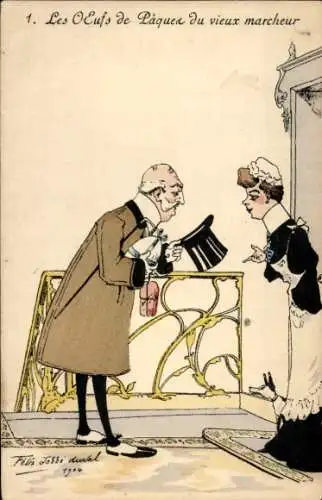 Jugendstil Künstler Ak Jobbe Duval, Les Oeufs de Paques du vieux marcheur