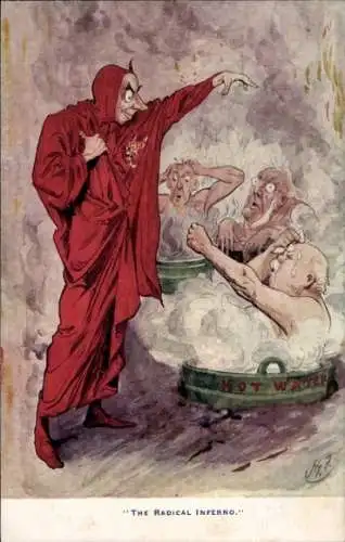 Künstler Ak The Radical Inferno, Teufel, Männer im heißen Wasser